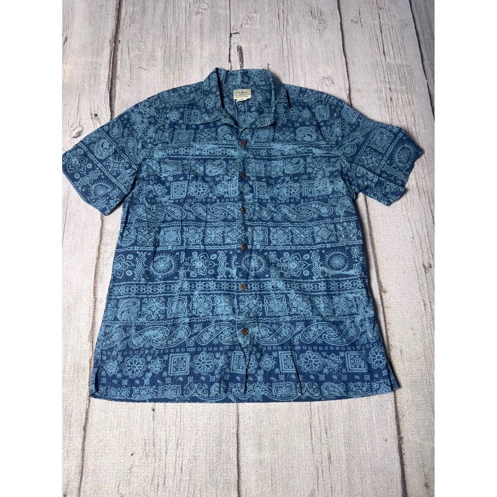 LL Bean Men's Short Sleeve Button Down Shirt Blue‎ Paisley Print Size L Regular
